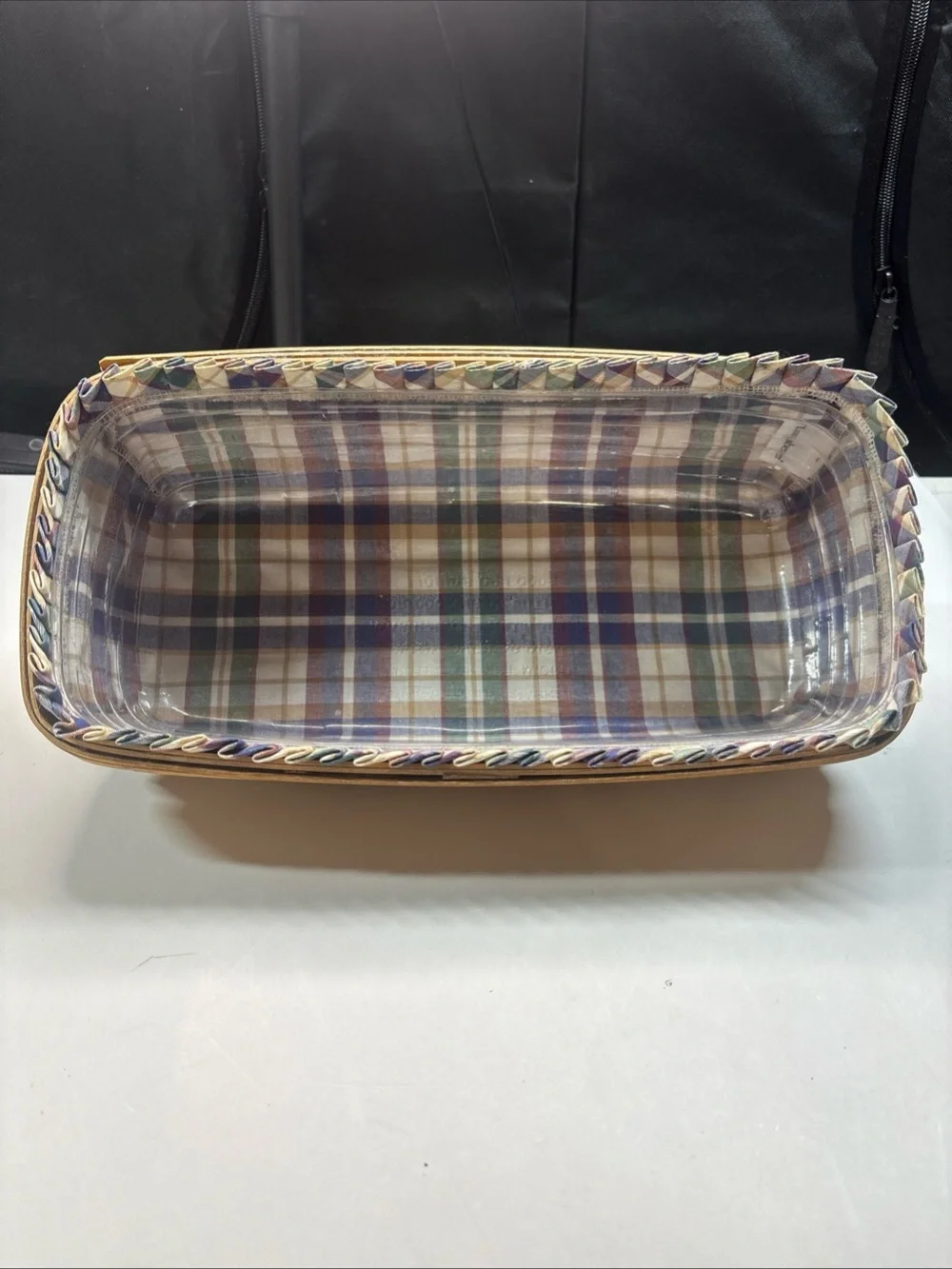 Vintage 2002 Longaberger Bread Basket with Plastic Liner Plaid Protector Liner